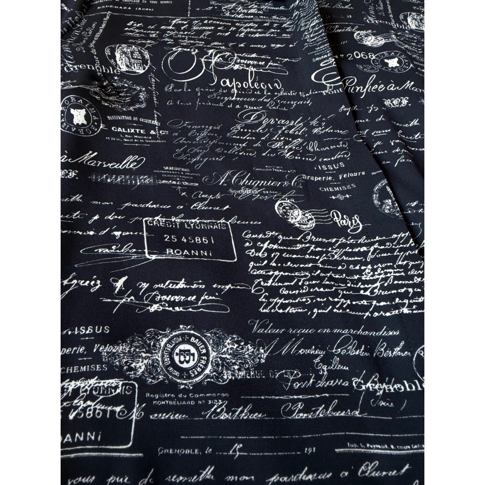 Tahari French Script Postmark Print Ruffle Cuff Blouse Black White Long Sleeve - Picture 3 of 11